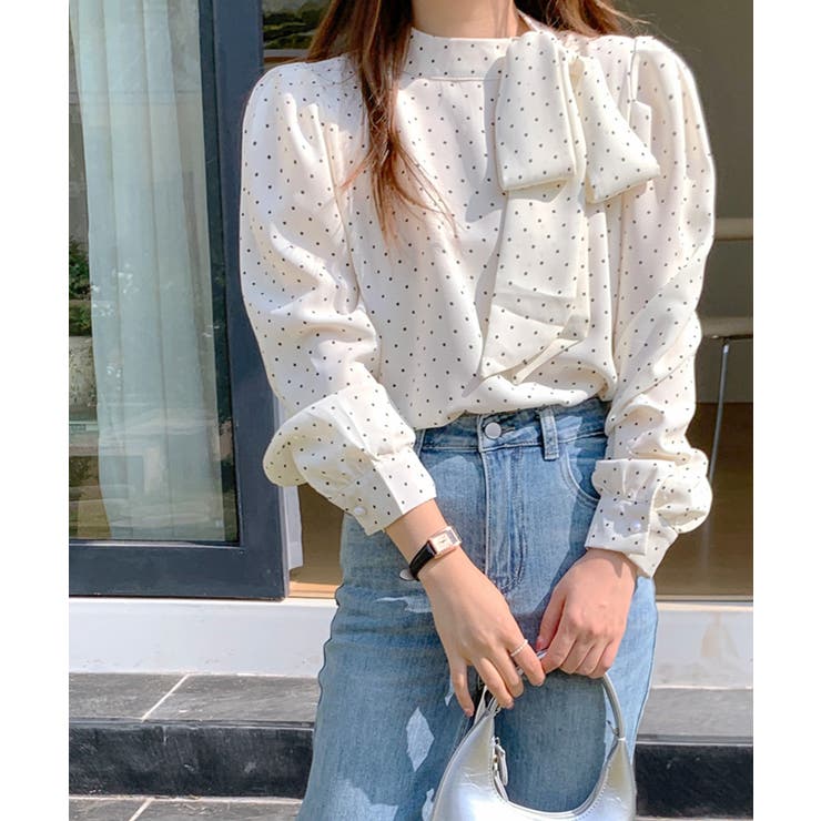 ドット柄ブラウス ネックリボン ボウタイ[品番：NETW0001869]｜Riff