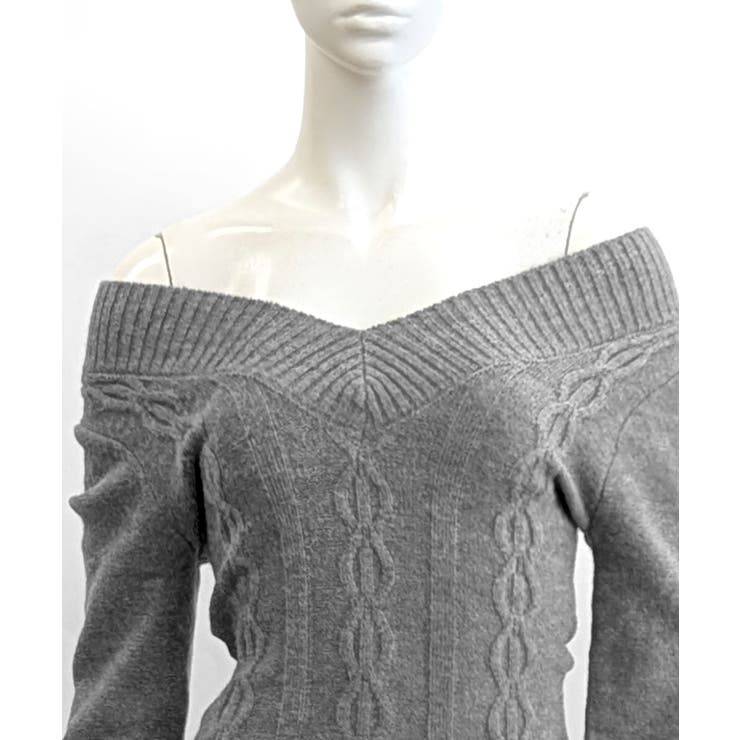 Vネックケーブルニット オフショルダー ケーブル編み[品番