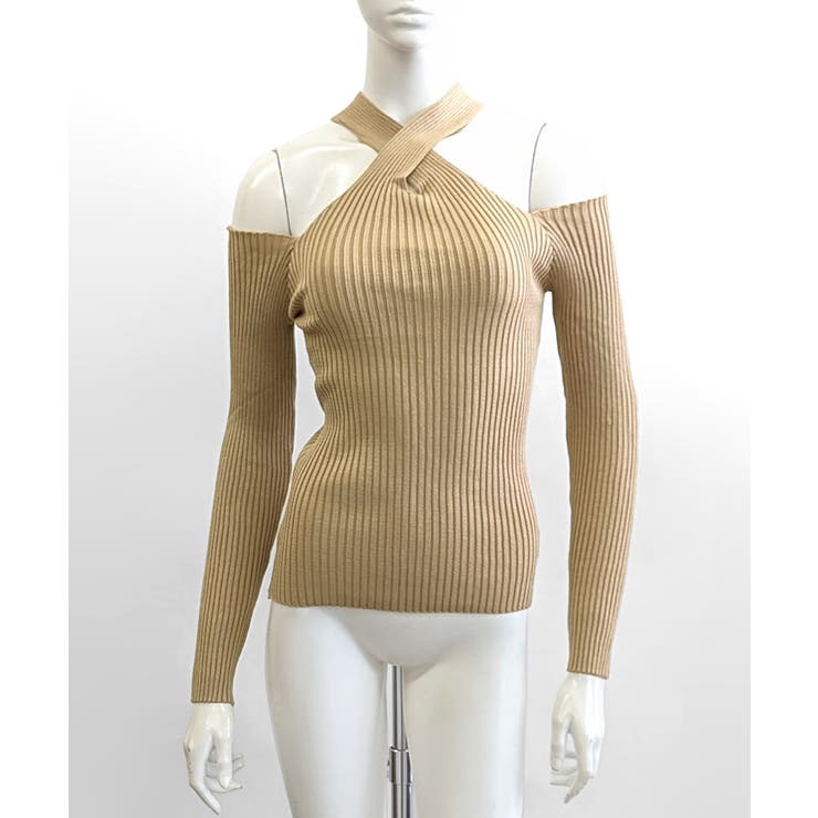 クロスホルターネックオフショルリブニット オフショルダー リブ編み