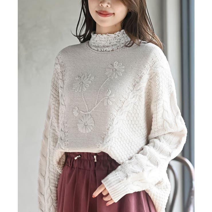 花柄刺繍ケーブルニットプルオーバー[品番：RPSW0004074]｜rps（アール
