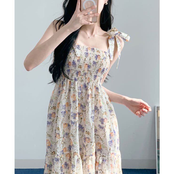 フラワー柄肩リボンキャミソールワンピース 韓国 春夏[品番