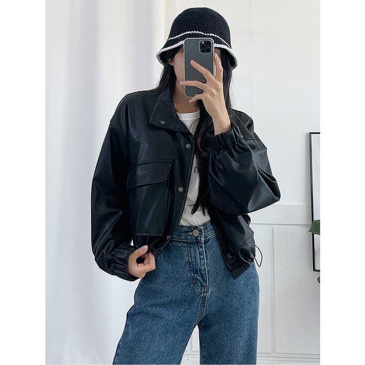 ハイネックショートレザージャケット レディース Y2K[品番