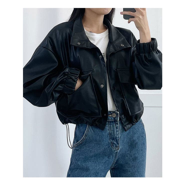 ハイネックショートレザージャケット レディース Y2K[品番