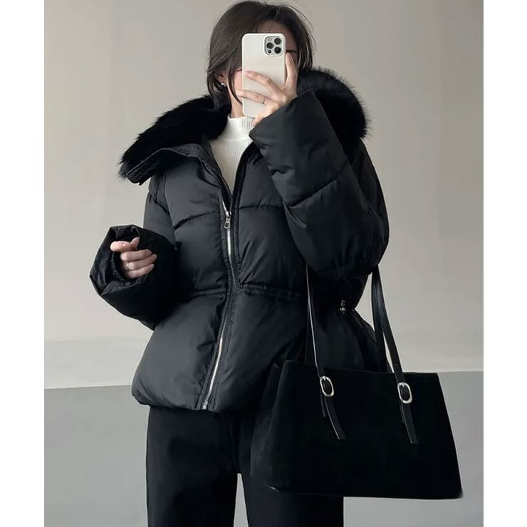 ファー付き ウエストシェイプ 中綿ダウンジャケット[品番：KH000015929