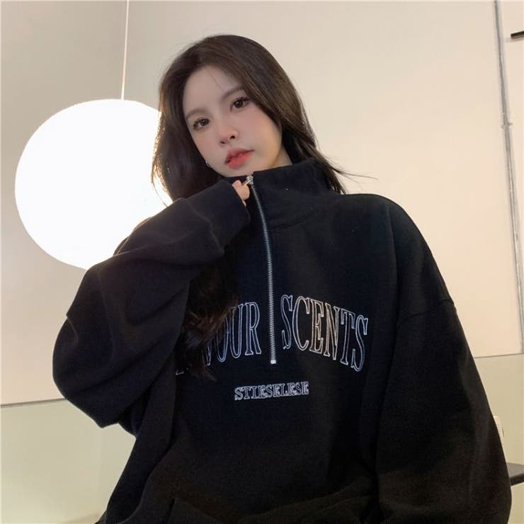 カレッジロゴハーフジップスウェット 韓国 ストリート[品番