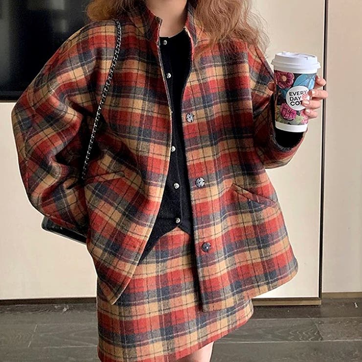 セットアップ】チェック柄ウールライクオーバージャケット×ミニ