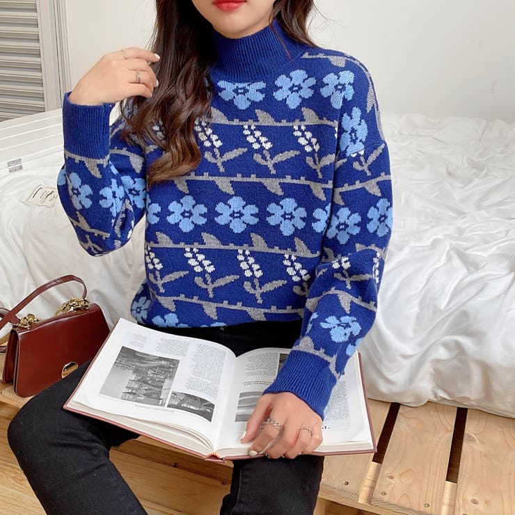 花柄ハイネックデザインニット長袖 セータ[品番：SHNW0004190]｜Achic