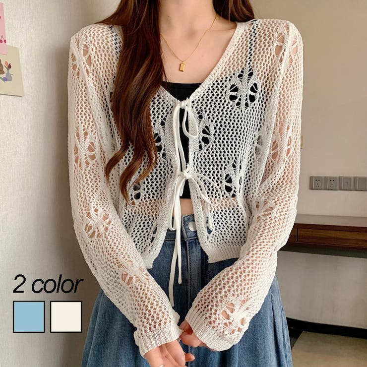 フロントリボンかぎ編みシアーカーディガン[品番：SHNW0010970]｜LADY