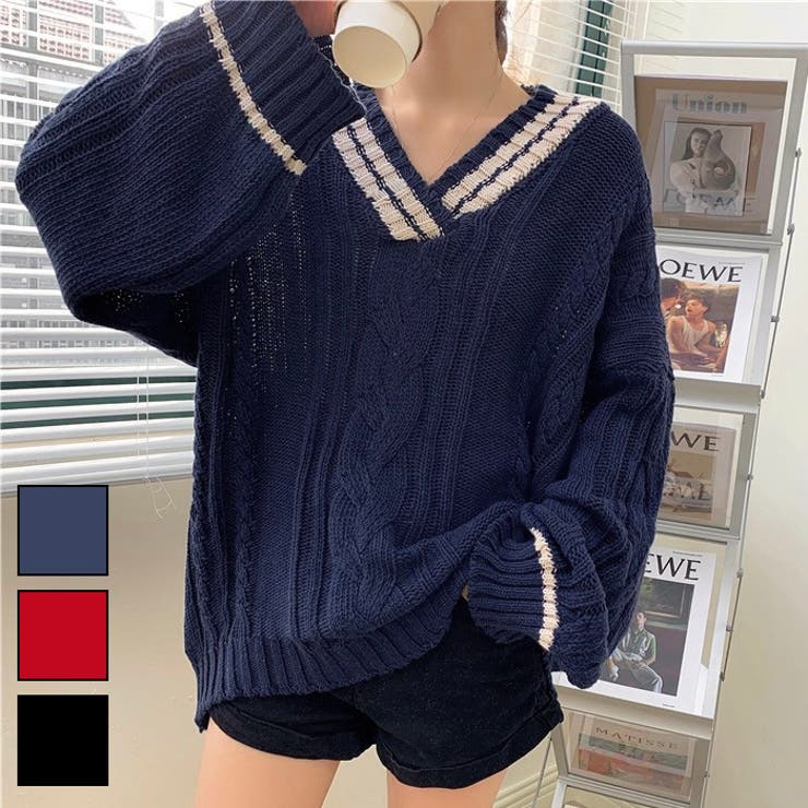 太Vネックケーブルニット[品番：SHNW0008148]｜LADY LIKE （レディ