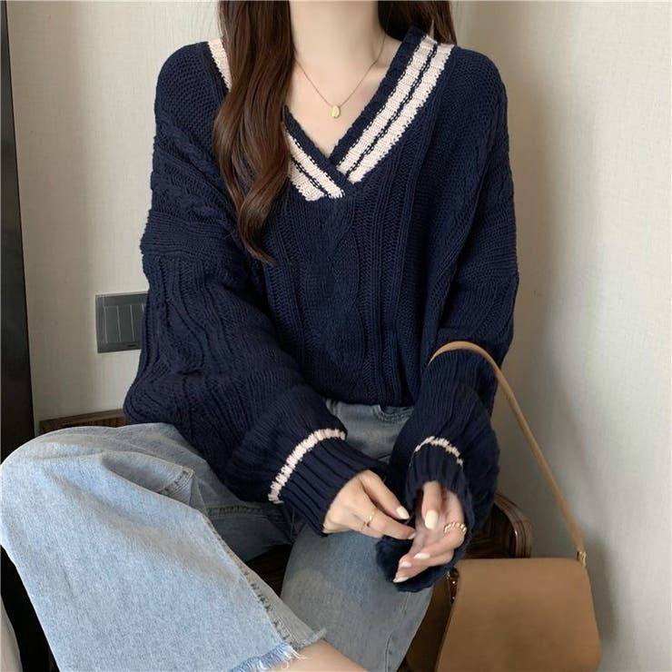 太Vネックケーブルニット[品番：SHNW0008148]｜LADY LIKE （レディ