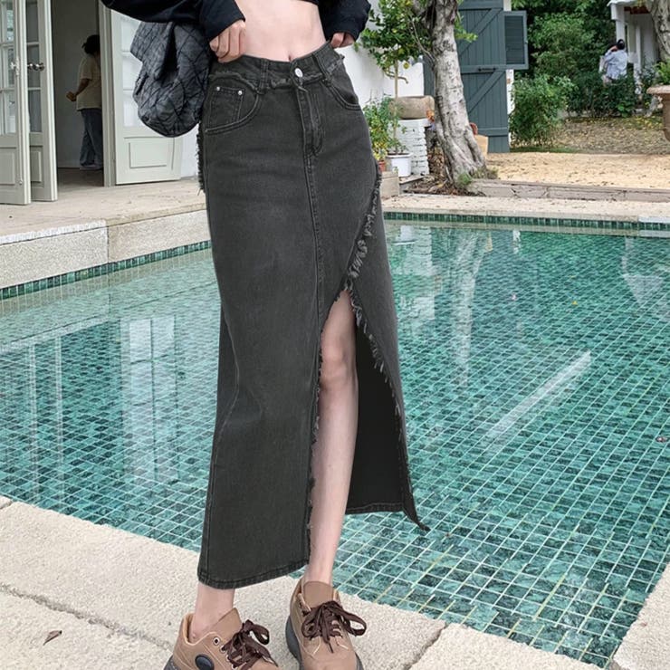 フリンジスリットデニムロングスカート[品番：SHNW0011056]｜LADY LIKE