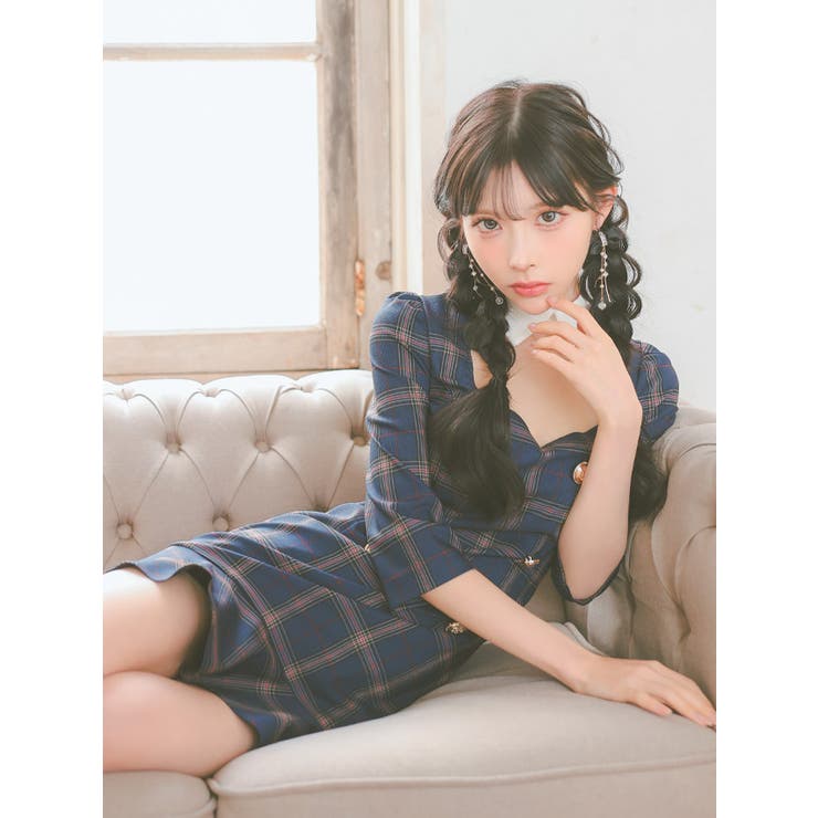 チェック柄襟付きスクエアネックミニワンピースドレス 韓国ドレス