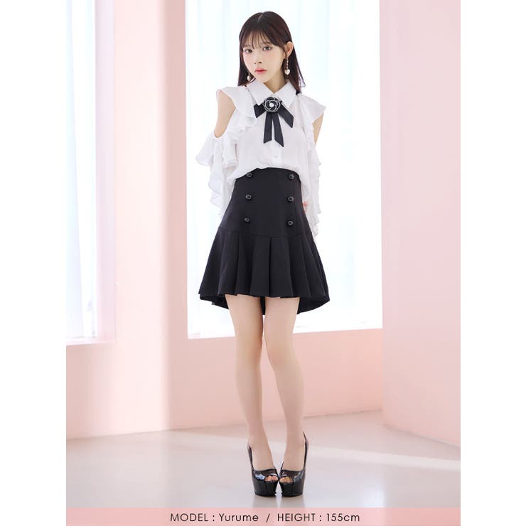 オープンショルダーフリルブラウス×プリーツスカートセットアップ 韓国