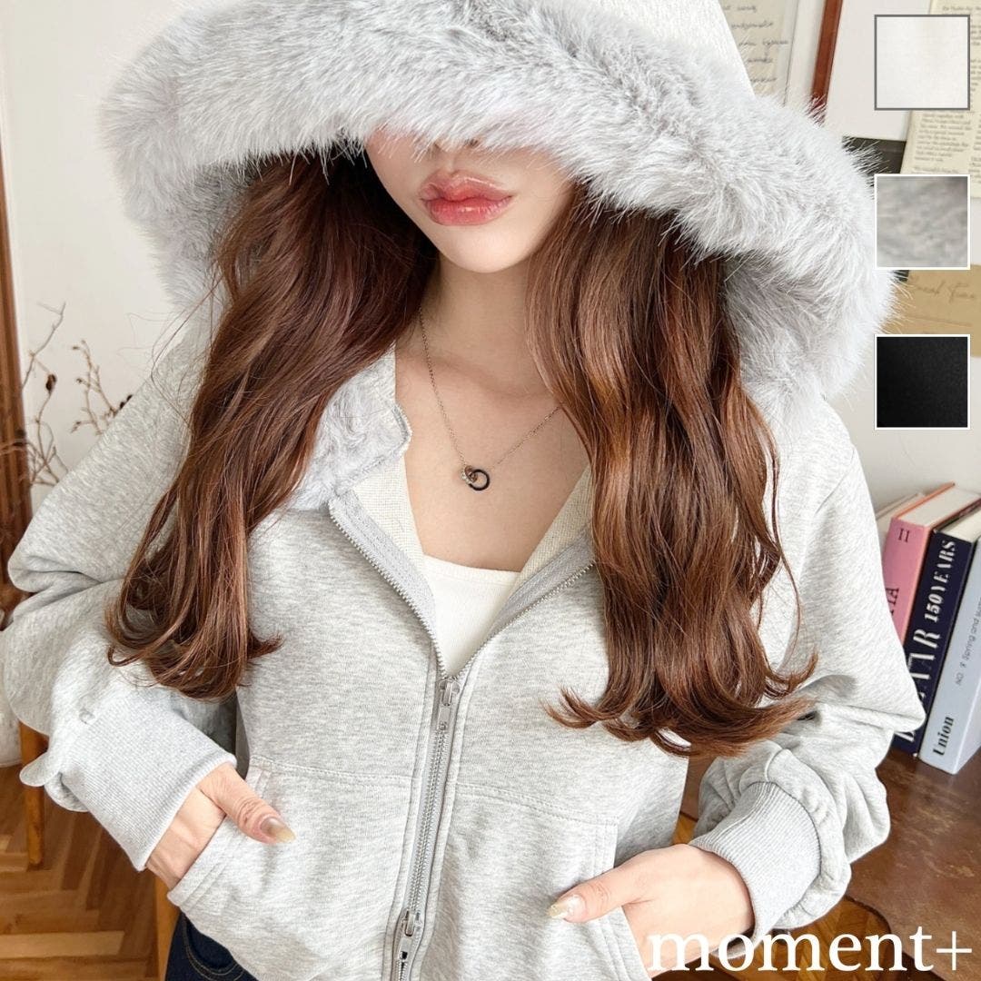 ファーフードダブルジップショートパーカー[品番：ERMW0004064