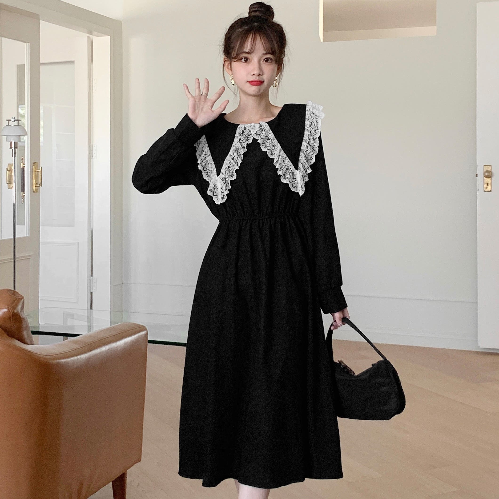レース使い襟付長袖ワンピース 秋冬新作 韓国ファッション[品番
