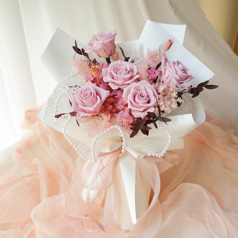 台湾 永遠の薔薇5本 パールヤーンブーケ～ピュアピンク afternoon