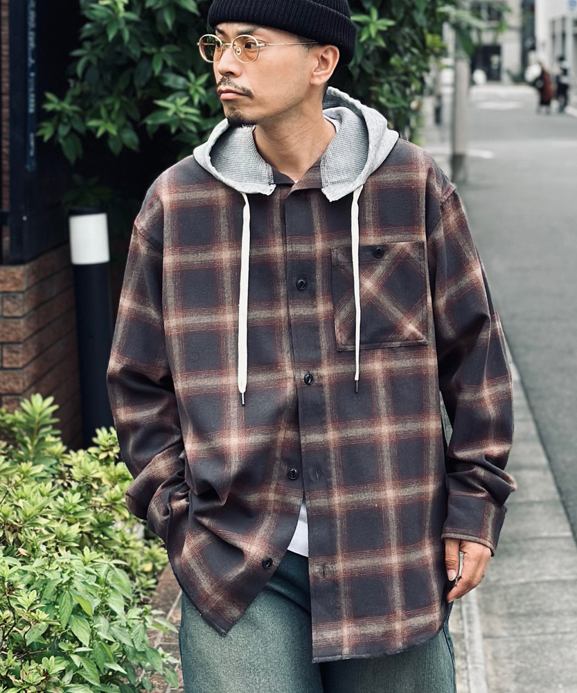 フード付きオーバーサイズチェックネルシャツ (大人のカジュアル