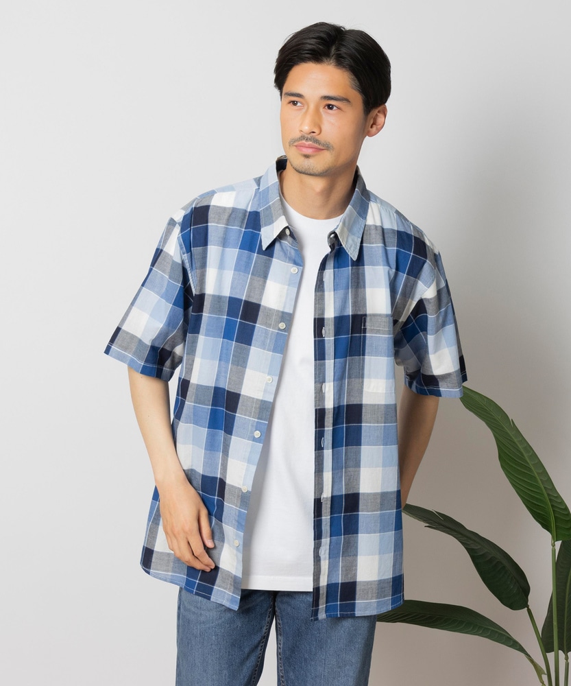 マドラスチェック半袖レギュラーシャツ(S ブルー＊ホワイト): トップス