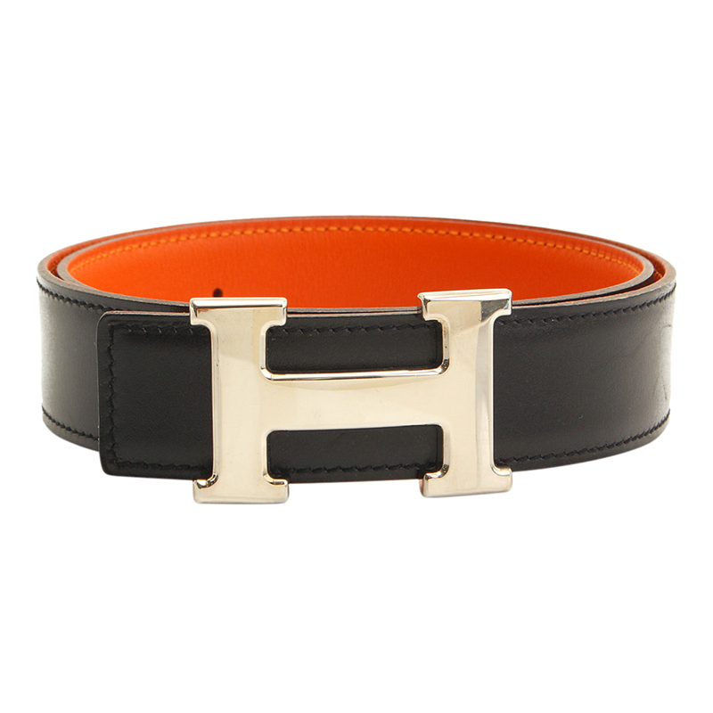 Hermes Black and Orange Leather H Buckle Reversible Belt 65CM