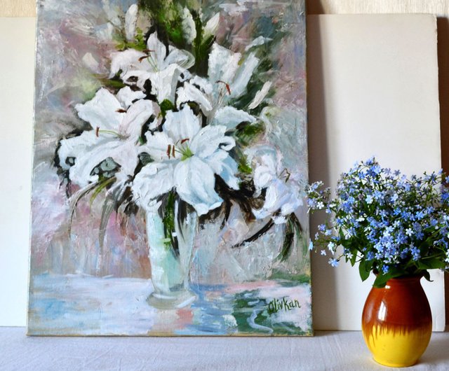 送料無料】ロシア ユリの花のアート白い花オリジナルアートユリの油絵