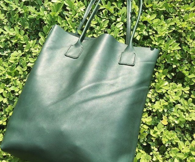 手縫い 文芸レトロ ダークグリーン 牛革 トートバッグ ショルダー