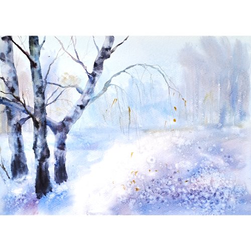 送料無料】ロシア 白樺の木の絵 雪の木 水彩 オリジナルアート ポプラ