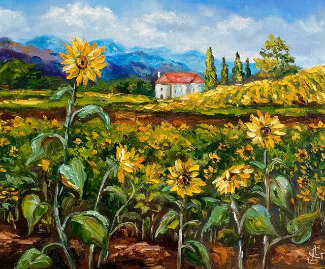 ロシア ひまわり畑オリジナル油絵風景画イタリア絵画 Soulart - Pinkoi