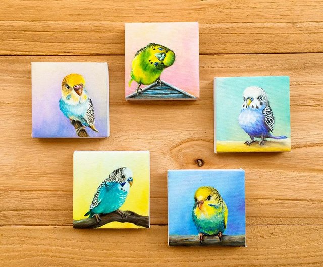 マレーシア セキセイインコの油絵 5 枚セット。ミニインコオリジナルの