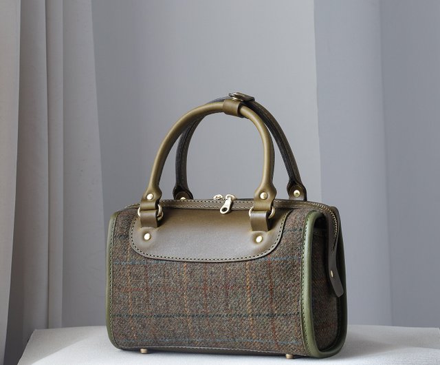 ウール×レザー】ハリスツイード ボストンバッグ レディース