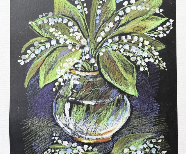 ロシア スズランの花束、オイルパステルアート、花瓶に入った花、絵画