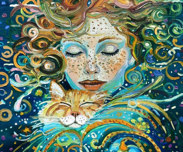 油絵 菅家令子絵 絵画インテリア額付(青緑＋金色の枠)F4-050620猫の