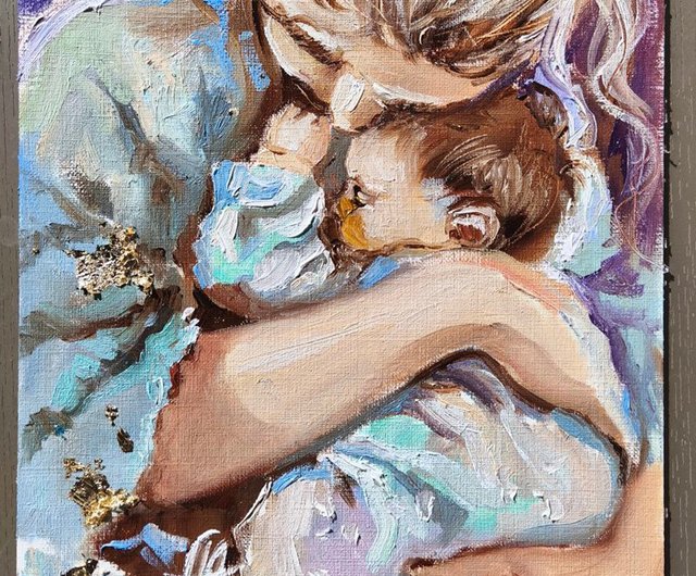 スロベニア お母さんと赤ちゃんのオリジナル油絵、ママと子どもの部屋