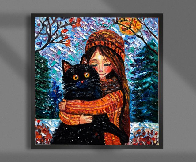 送料無料】ロシア 原創畫黒猫と少女のアートオリジナル絵画油絵