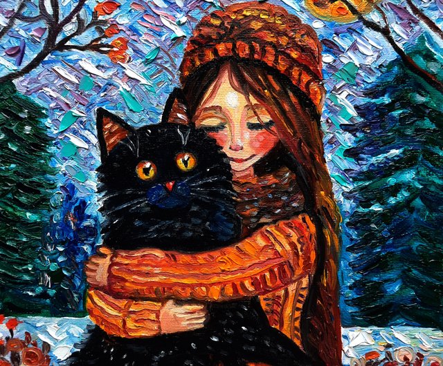 送料無料】ロシア 原創畫黒猫と少女のアートオリジナル絵画油絵