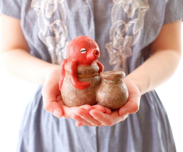 タコとたこ壺の置物 ペン立て 一輪挿し 和紙インテリア 和紙クラフト