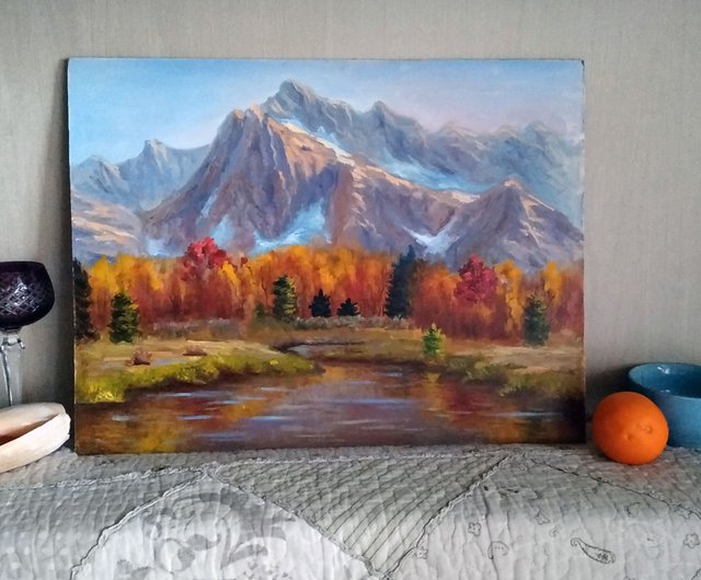 ロシア 秋の絵画 オリジナルアート 山の風景 湖のアート 秋の森 壁