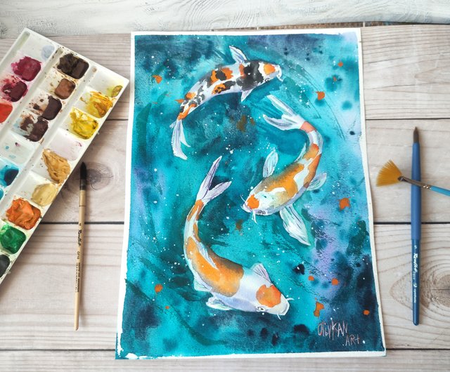 ロシア 鯉の絵 水彩画 魚 オリジナルアート 釣り ウォールアート