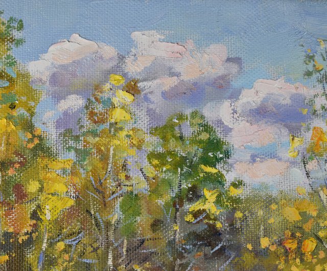 清水晶一・秋の白樺林 油絵 絵画 裏書有 インテリア 置物 オブジェ