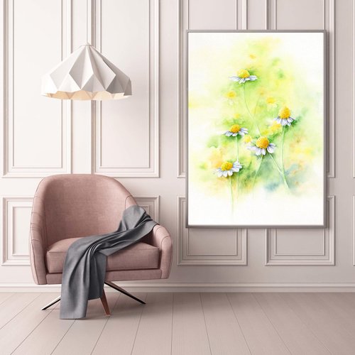 マレーシア 【カモミール】限定版水彩アートプリント。植物の花の壁の