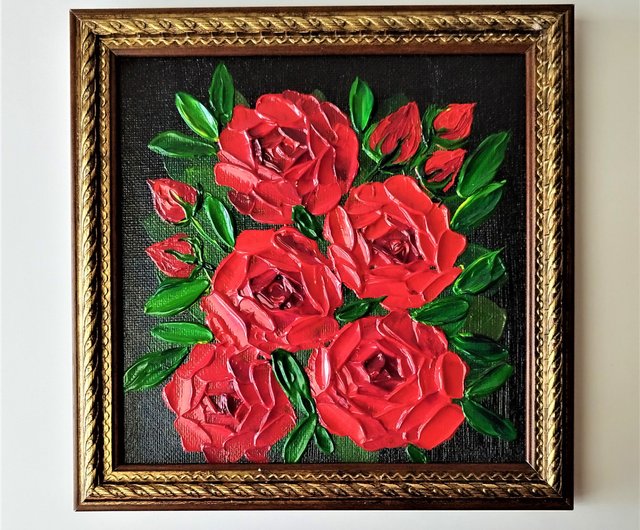 ロシア 赤いバラのテクスチャー絵画 - 美しい額入りフラワーアートを今