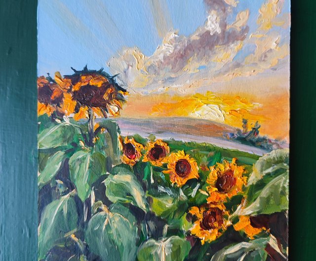 ロシア 風景画、手作りアート、ひまわり、オリジナル油絵、吊り下げ