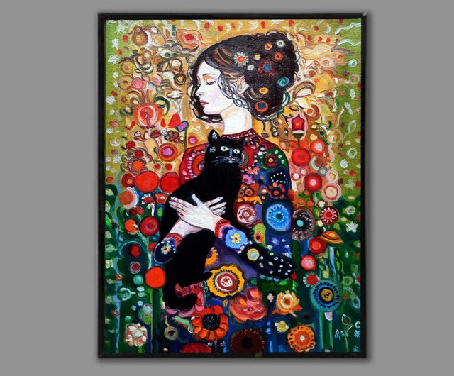 送料無料】ロシア 少女と猫のアート 女性の絵画 オリジナルアート 油絵