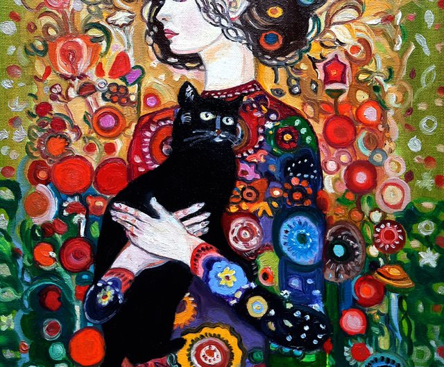 送料無料】ロシア 少女と猫のアート 女性の絵画 オリジナルアート 油絵