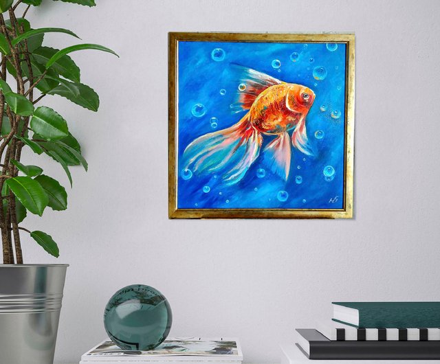 10%OFF】ロシア 金魚のオリジナル油絵、水中壁アート、額入りアート
