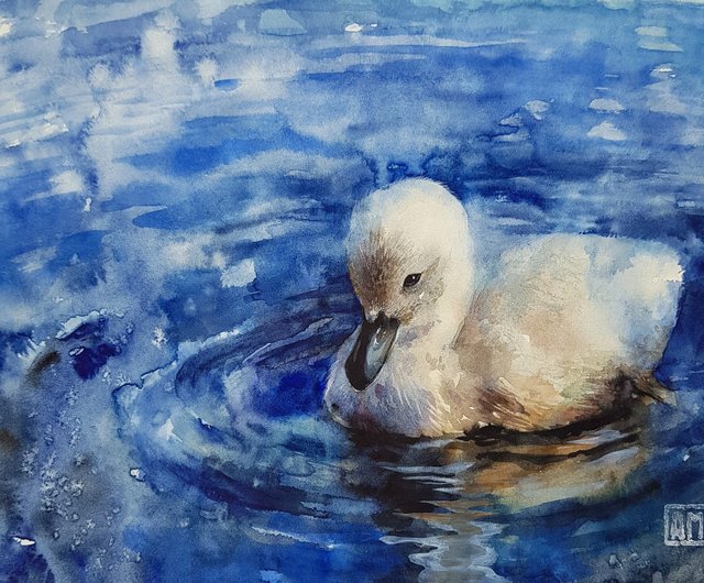送料無料】ロシア 小さな白鳥 – アートワーク手描きの水彩画、紙に