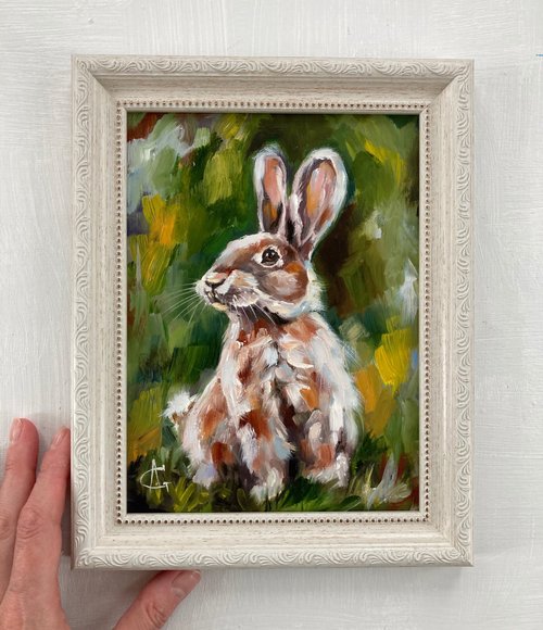 ロシア うさぎの油絵うさぎのアート額入りの絵小さな絵バニーのアート
