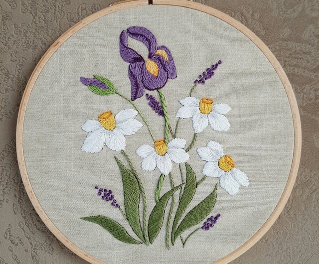 ロシア 繡圖 鳶尾花 刺繍絵 菖蒲と水仙 手刺繍 壁飾り Embroidery