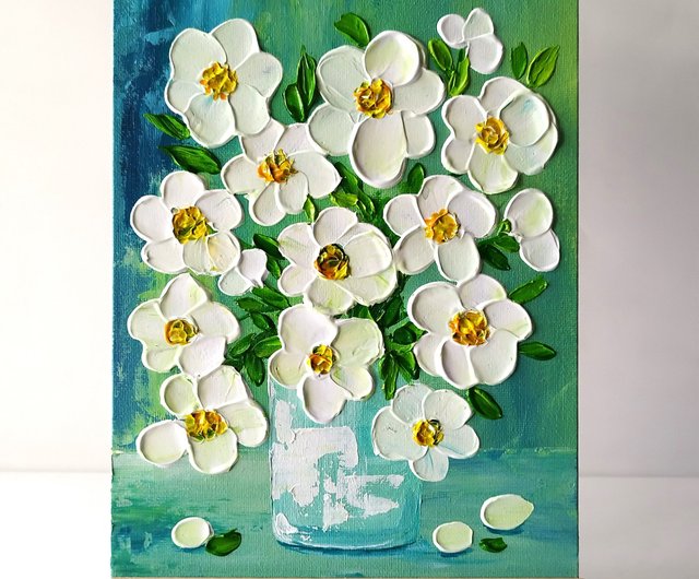 ロシア 白い花の花束のアクリル画: テクスチャード フラワー アート