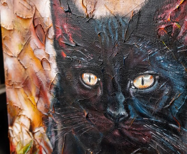 ウクライナ 黒猫の絵画パネル上のキャンバス秋の油絵ポートレート