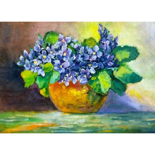 ロシア 青い花の絵、スミレの油彩、キャンバス、オリジナルのアート